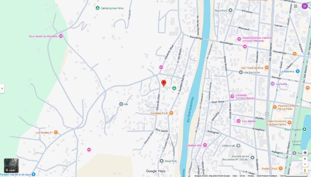 Big Sports El Bolsón — ubicación en mapa. Eduardo Sfeir 2827, esquina antes de la subida de greda, Barrio Los Hornos.